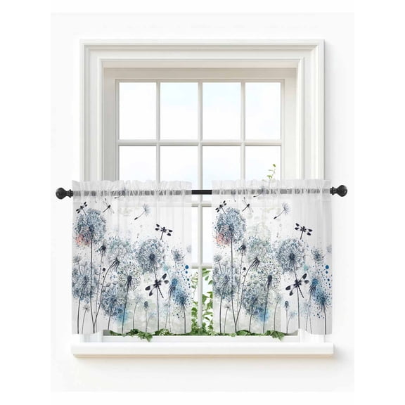 Blue Teal Dandelion Tier Curtains 24 Inch Length,Sheer Curtains for Bedroom Living Room Window Dragonfly Modern Art Watercolor Rod Pocket Drapes Kitchen Curtains Small Half Window 27.5"x24" 2 Panels
