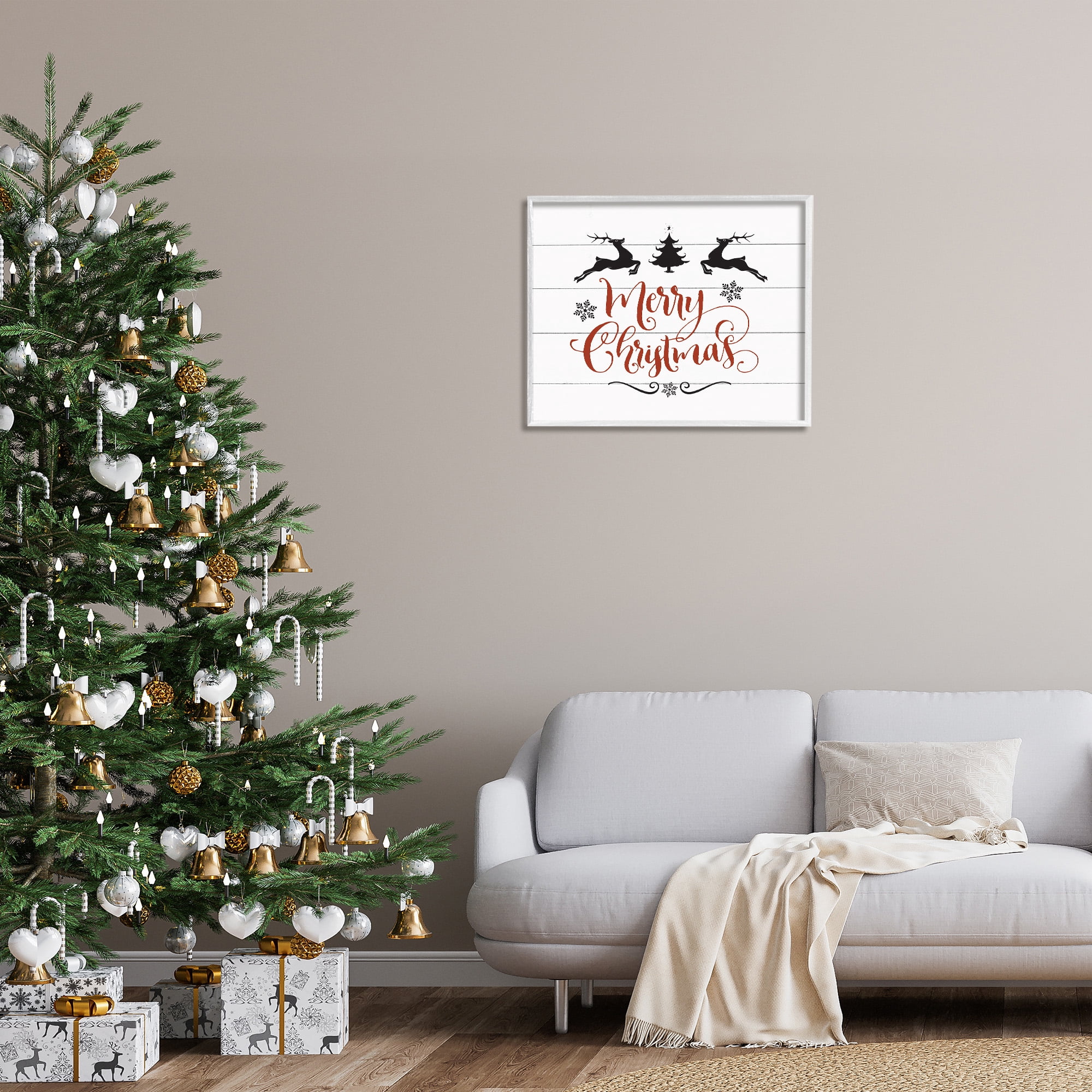 Stupell Industries Merry Christmas with Reindeer Holiday Painting White Framed Art Print Wall Art, 30 x 24
