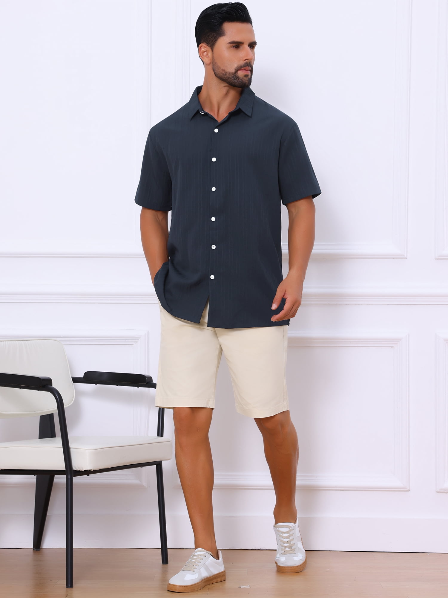 DARING DIVA Men's Short Sleeve Button Down Beach Summer Casual Shirt for Men M Navy Blue