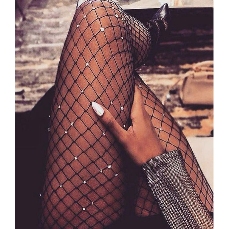 Girls Fishnet Hollow Bling Tights Lady Stretch Elastic Mesh Crystals Tight  Girl Stockings Sexy Solid Pantyhose WDC6859 Color: Black, Size: One size