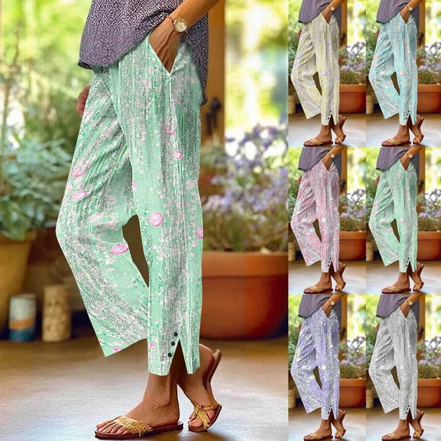 Pincandy Women's Fashion Printed Linen Blend Elastic Waist Casual Pants with Pockets, Button Decorated Split Hem, Casual & Daily Wear