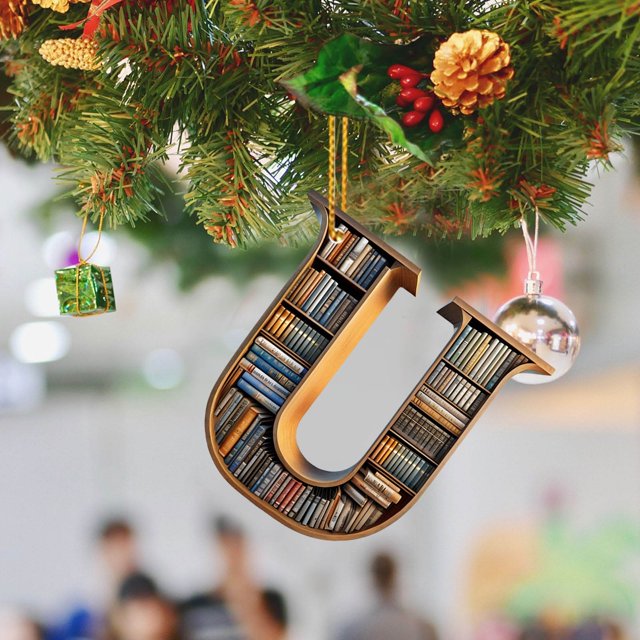 2D Acrylic Christmas Double Print Pendant with English Letter Bookshelf Modeling for Festive