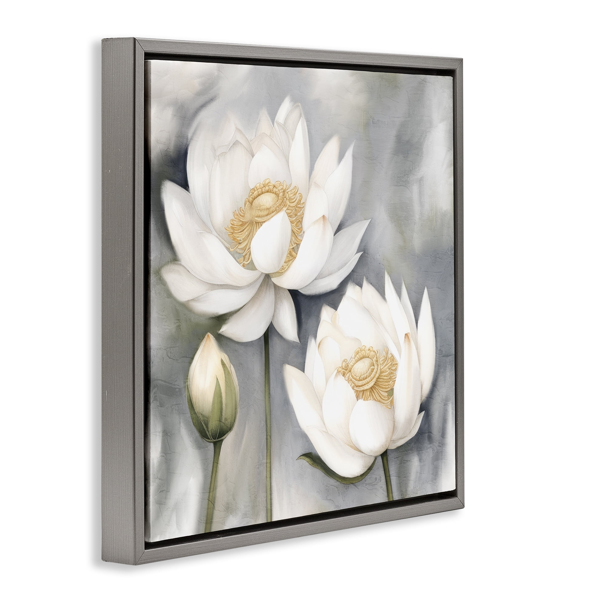 Stupell Industries White Lotuses on Grey Plants & Flowers Painting Gray Floater Framed Canvas Art Print Wall Art, 25 x 25