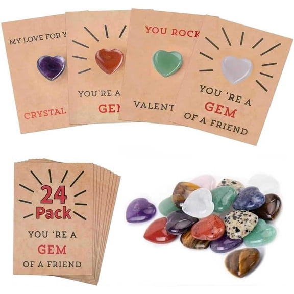 Tikeitoo 24 Pack Valentine's Day Greeting Cards Set With Natural Crystal Love Gemstone, Funny Valentine Exchange Card for Boys & Girls, Classroom School Party Favor