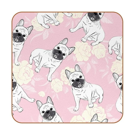 

OWNTA White Pug Dog Pattern Pink Background Pattern Premium 6-Piece Square Coaster Set in Microfiber Leather - Non-Slip & Absorbent Cup Mats