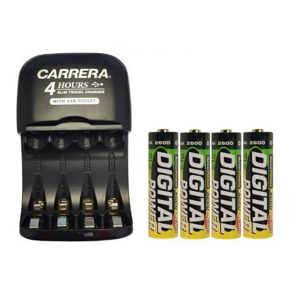 AA / AAA NiMH Smart Slim Travel Charger with USB Plug & 4 x AA AccuPower NiMH 2600 mAh Batteries