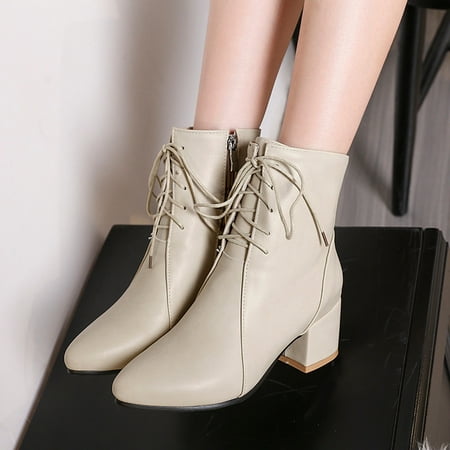

Zunfeo Women Winter Boots- Middle Heeled Zipper Desert Boots Solid Pointy Toe Warm Comfy Boots Boots Christmas Gifts Clearance Beige 6