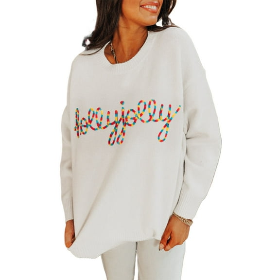 Women's Beige Holly Jolly Christmas Knit Sweater – Casual Loose Fit for Holiday Gatherings, XL