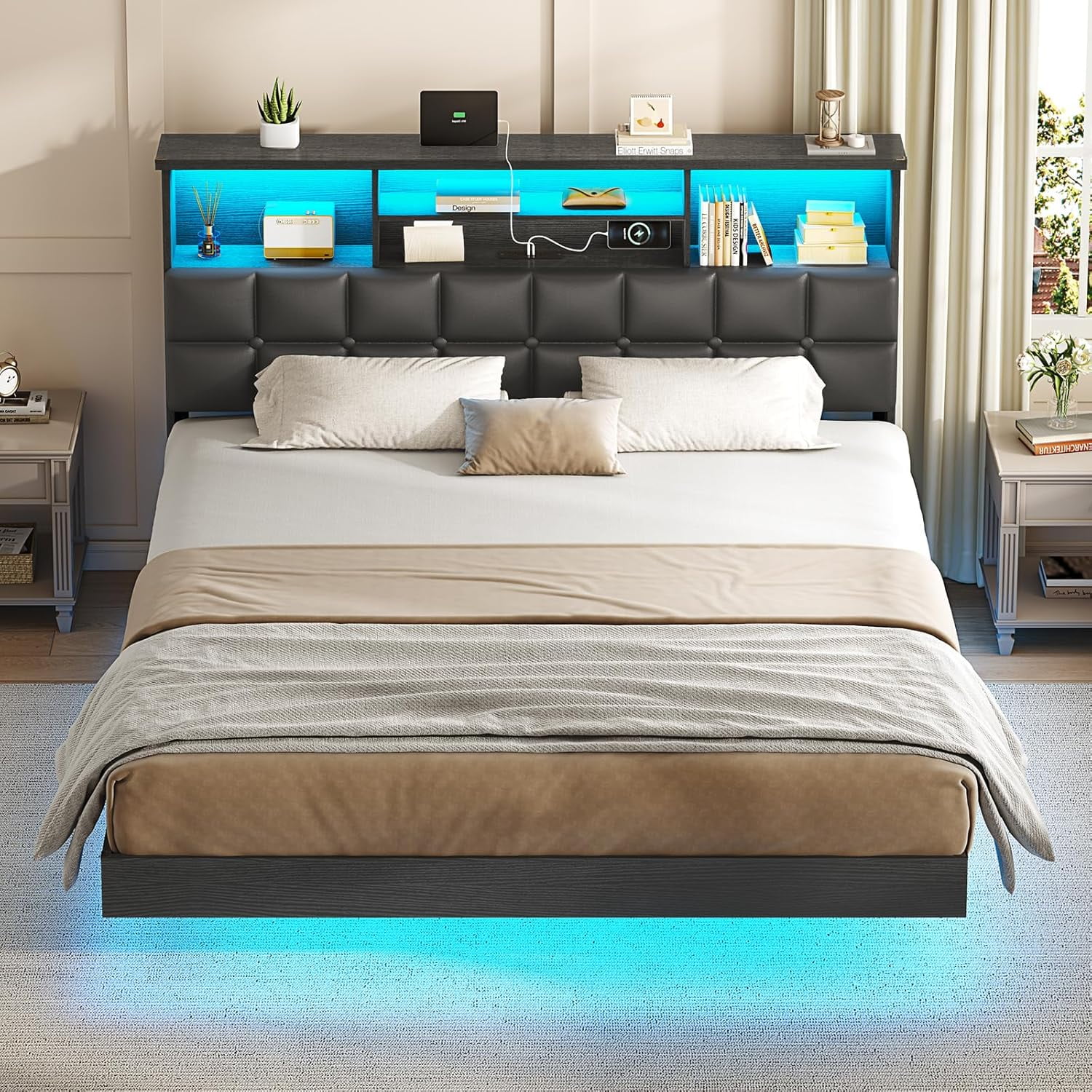 Floating Bed Frame Queen Size with Headboard and Storage, Upholstered Queen Platform Bed Frame with USB & Type C Charging Station and LED Lights, Hidden Storage, No Box Spring Needed, Black