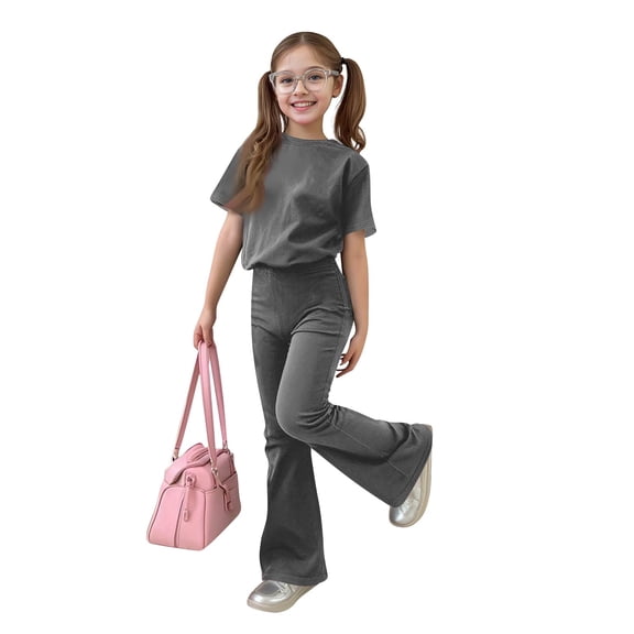 OIOLOYJM Girls 2 Piece Outfits Casual Short Sleeve Crewneck Tops and Elastic Waist Wide Leg Pants with Pockets Spring Fashion Outdoor Clothing Sets Dark Gray 9-10 Year