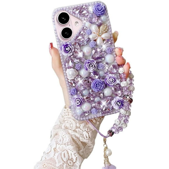 for iPhone 16 Case,Cute Bling Glitter Sparkle Stunning Stones Diamond Rhinestone 3D Handmade Pearl Rose Flower with Wrist Lanyard for Women Girly for iPhone 16 (Purple)