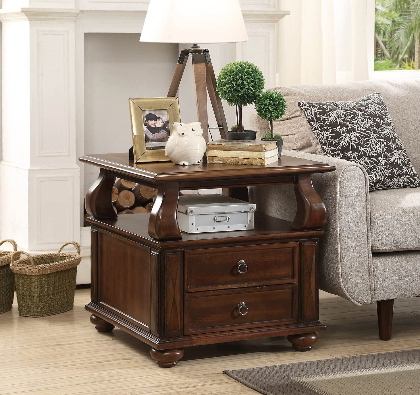 Walnut Round Wooden End Table with Storage and Bun Legs