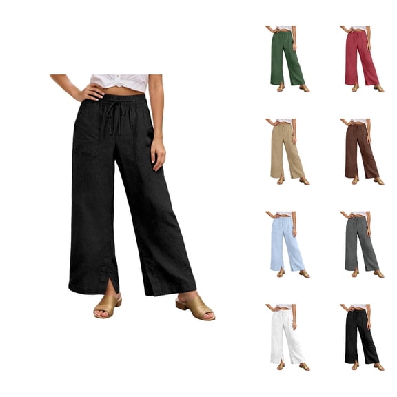 Casual Pants for Women 2026 Spring Summer Lightweight Elastic Waist Drawstring Side Split Hem Wide Leg Pants with Pockets