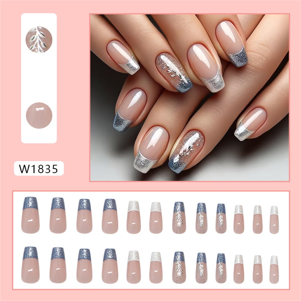 Press On Nägel Kurz, Silber Glitzer French Tips – Mit Nagelkleber, 24 Größen, Für Frauen & Mädchen