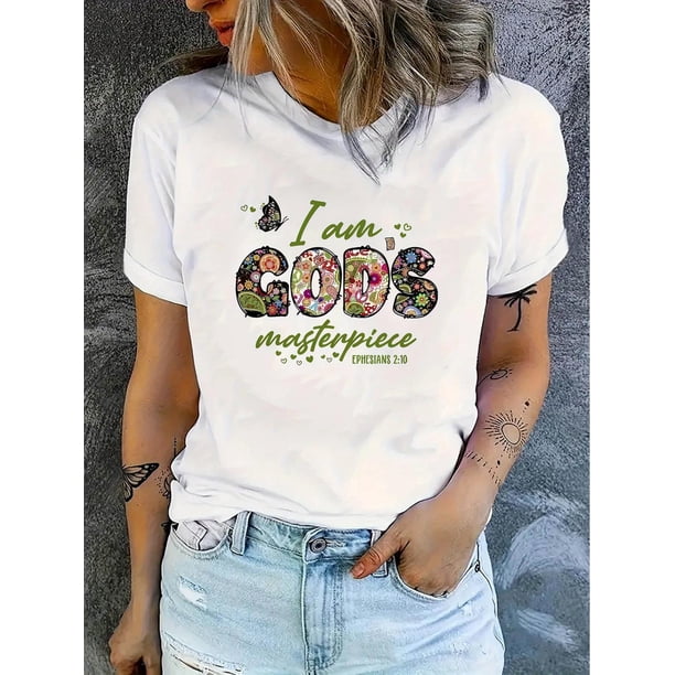 Camiseta Para Mujer Verano Suave Camiseta Con Cuello Redondo Para Mujer Para Caminar Por La CalleSimple English Floral Butterfly Pattern Women's Fashion Trendy Round Neck Short Sleeve, Simple Casual