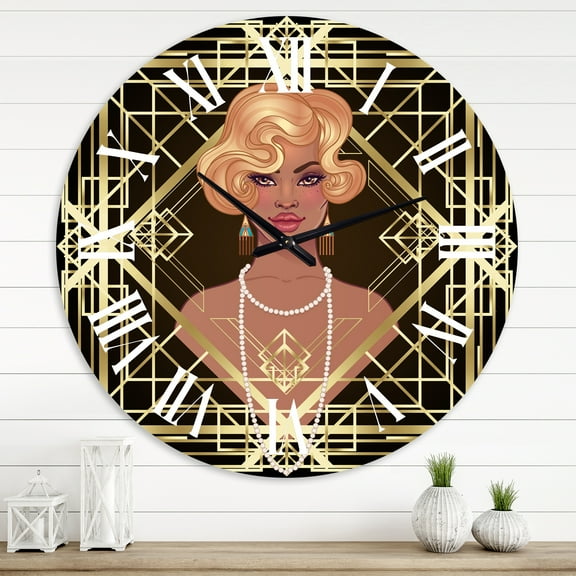 Designart 'Retro Women In Golden Art Deco Geometrics Iii' Modern Wall Clock