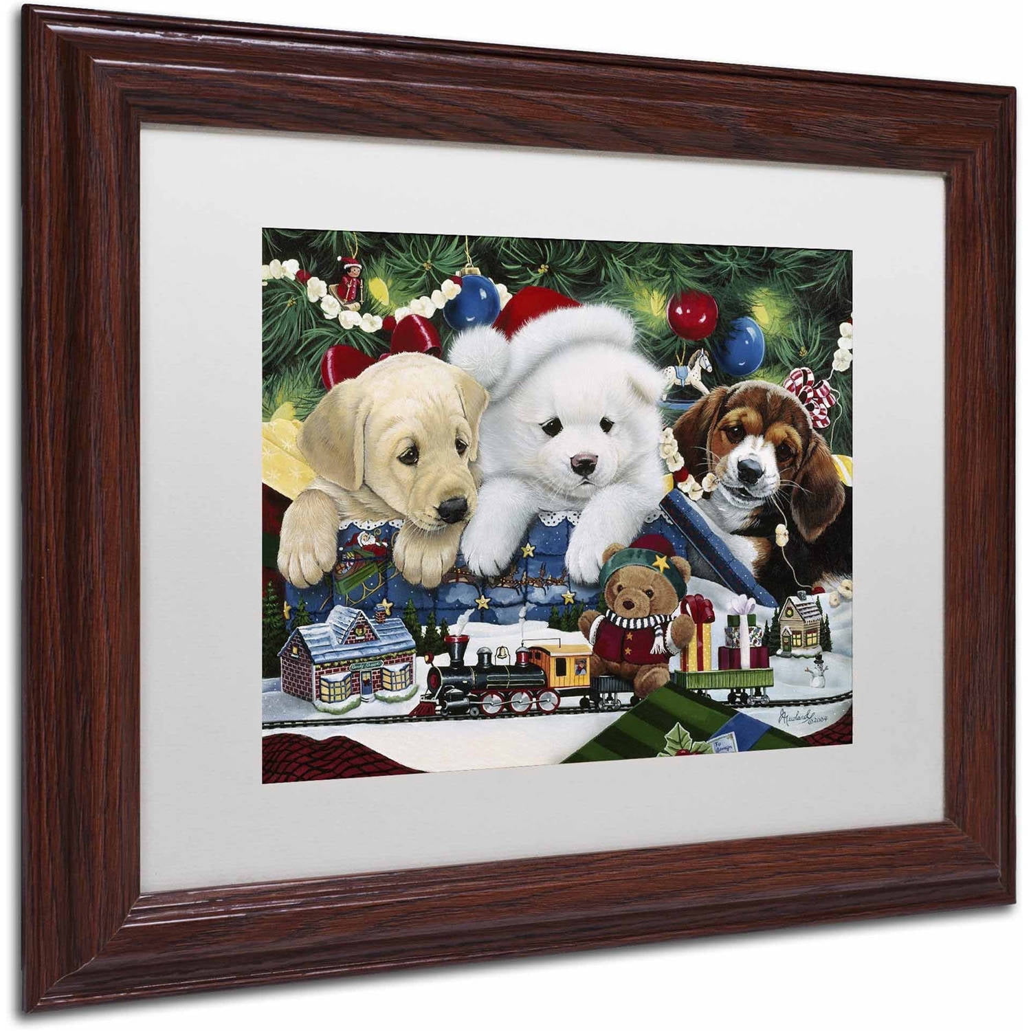 Trademark Fine Art 'Curious Christmas Pups' Canvas Art by Jenny Newland, White Matte, Wood Frame