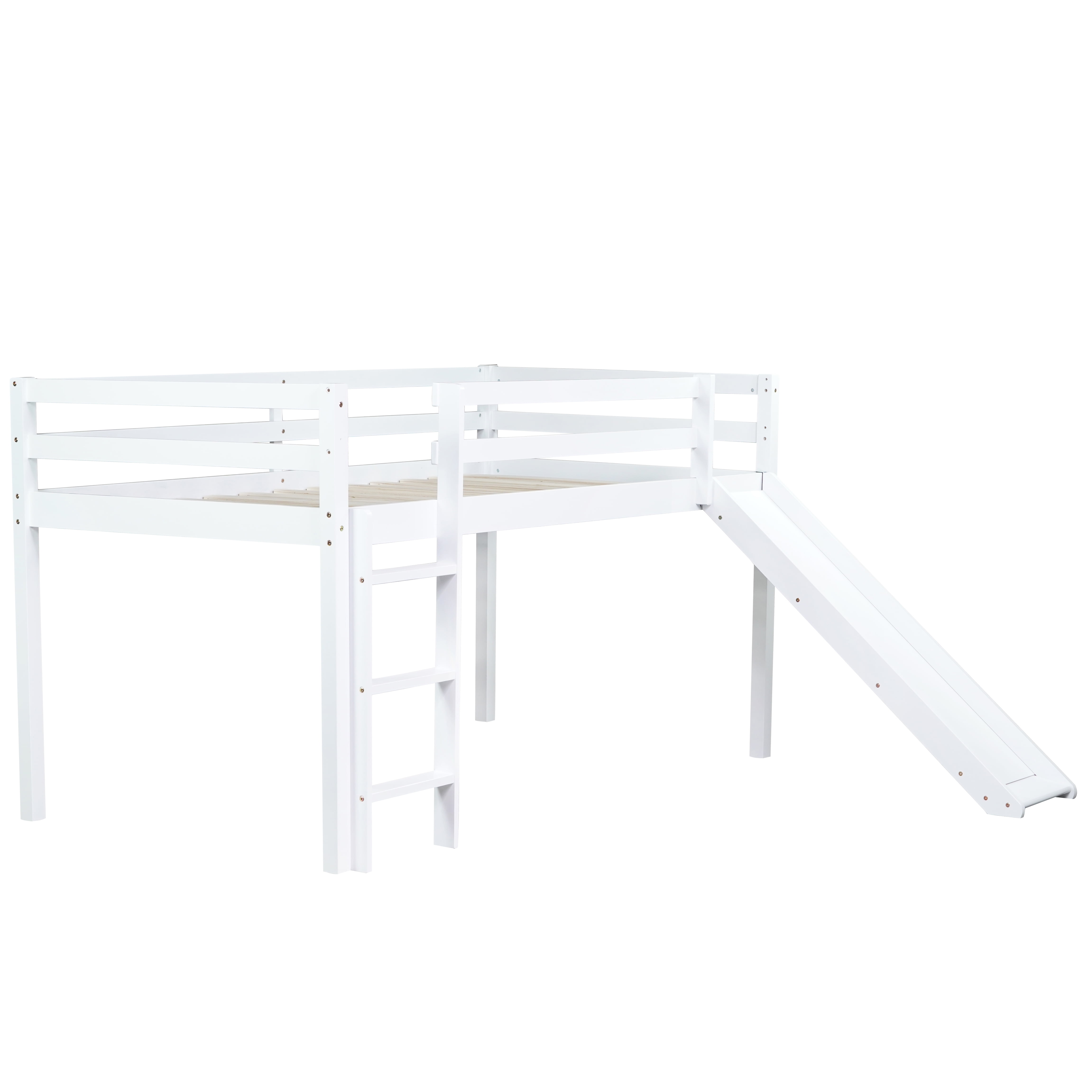 Miniyam Wood Twin Size Loft Bed with Slide, Guardrails and Ladder for Kids, White