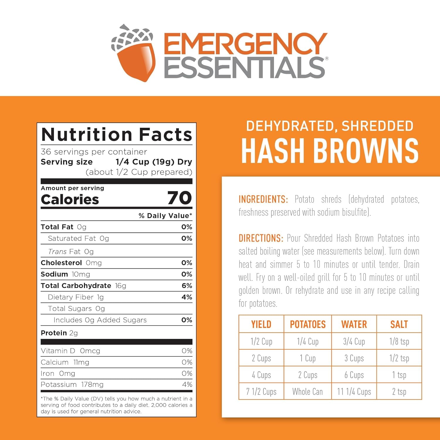 Emergency Essentials® Freeze-Dried Hash Browns – #10 Can, Long Shelf Life Breakfast Potatoes, 36 Servings, Lightweight & Shelf-Stable