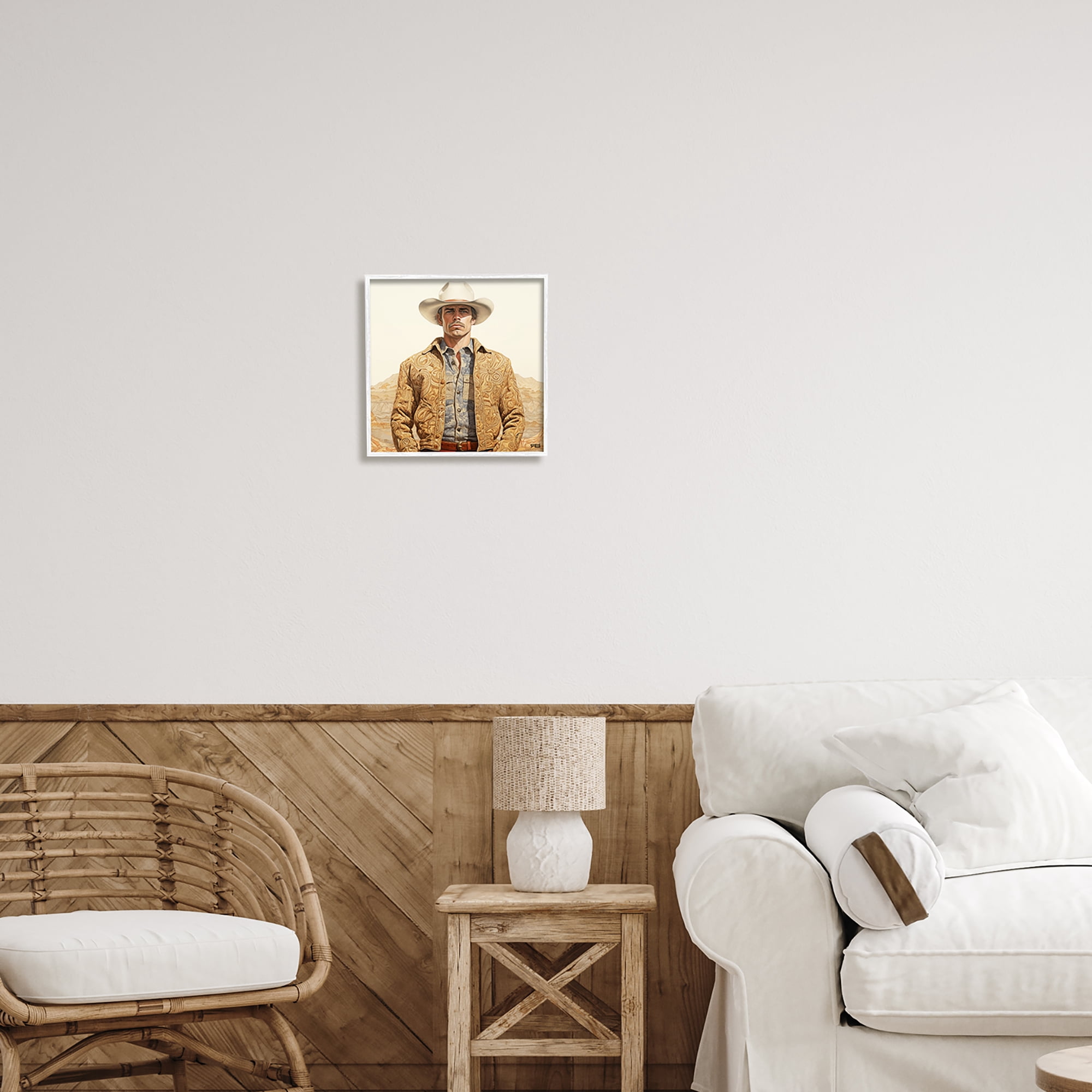 Stupell Industries Cowboy in Paisley Jacket Landscape Painting White Framed Art Print Wall Art, 12 x 12