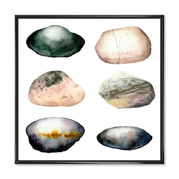 Designart 'Six Abstract Sea Stones On White' Nautical & Coastal Framed Canvas Wall Art Print