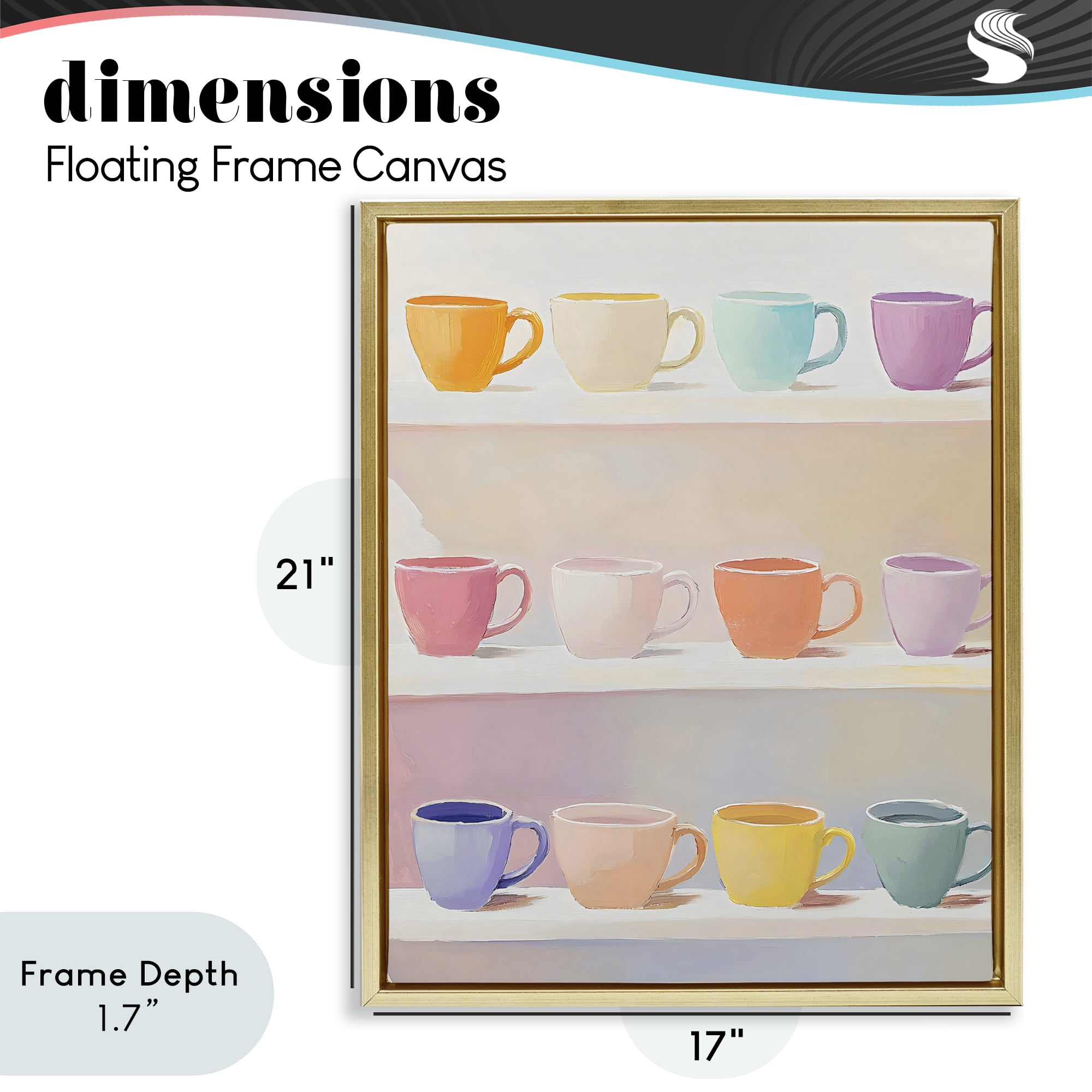 Stupell Industries Rows of Pastel Teacups Gold Framed Floater Canvas Wall Art, design by The Prints Vibe