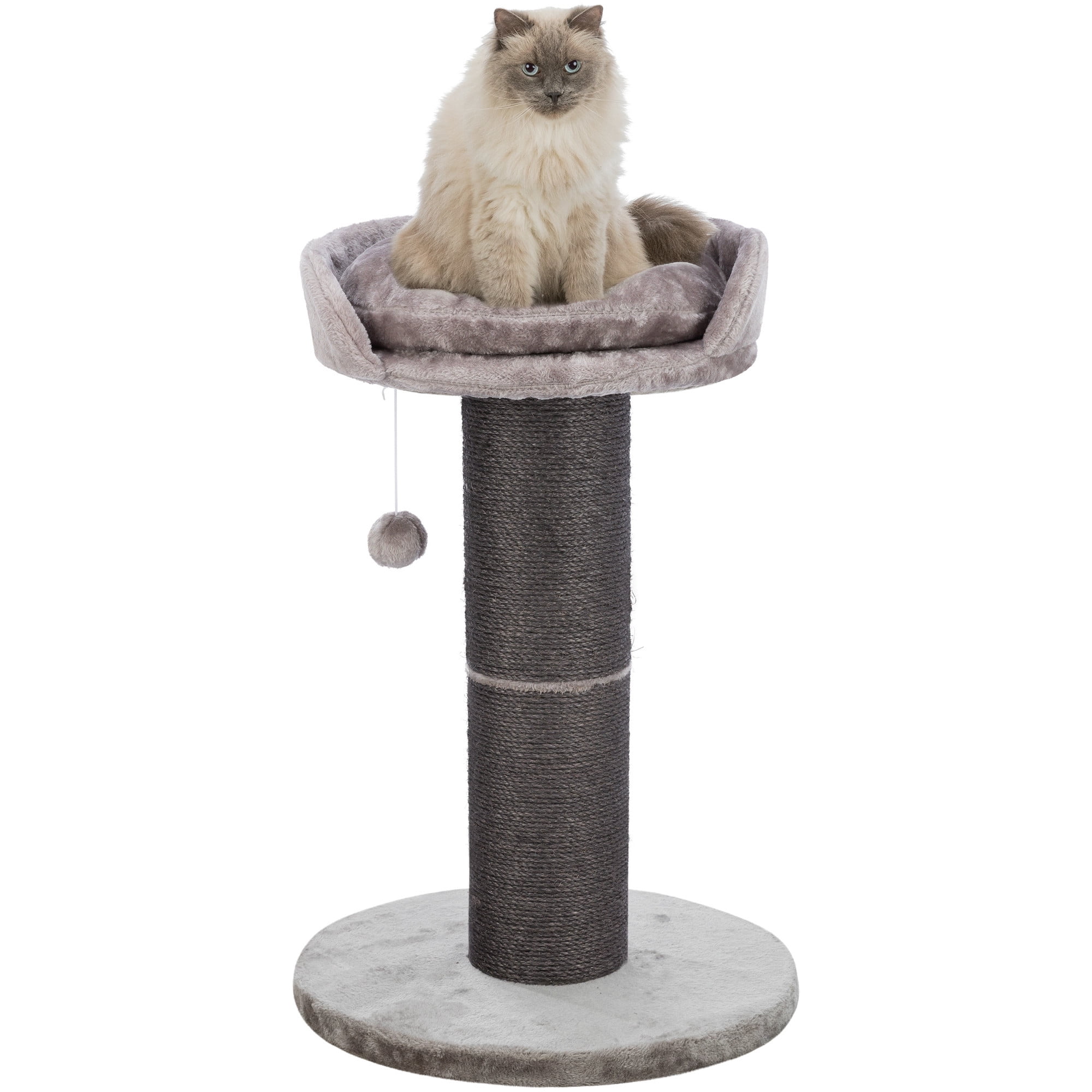 TRIXIE Pepino Sisal 35" Scratching Post with Plush Platform Bed and Dangling Cat Toy, Gray