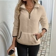 thumbnail image 5 of Women's Mock Neck Quarter Zip Fleece Sweatshirt, Soft Plush Pullover with Front Pockets, Cozy Winter Sweater for Cold Weather, Casual Daily Wear and Holiday Gatherings Khaki XXL, 5 of 6