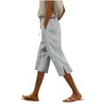 thumbnail image 3 of YOIAVAIOY Womens Summer Linen Wide Leg Pants Drawstring High Waisted Casual Capri Pants Wrinkle-Resistant Solid Cropped Pants White S, 3 of 6