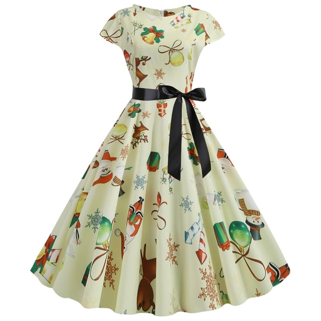 CEHVOM Robe Vintage de Soirée à Manches Courtes Col Rond Imprimé Rétro Bandage de Noël pour Femmes