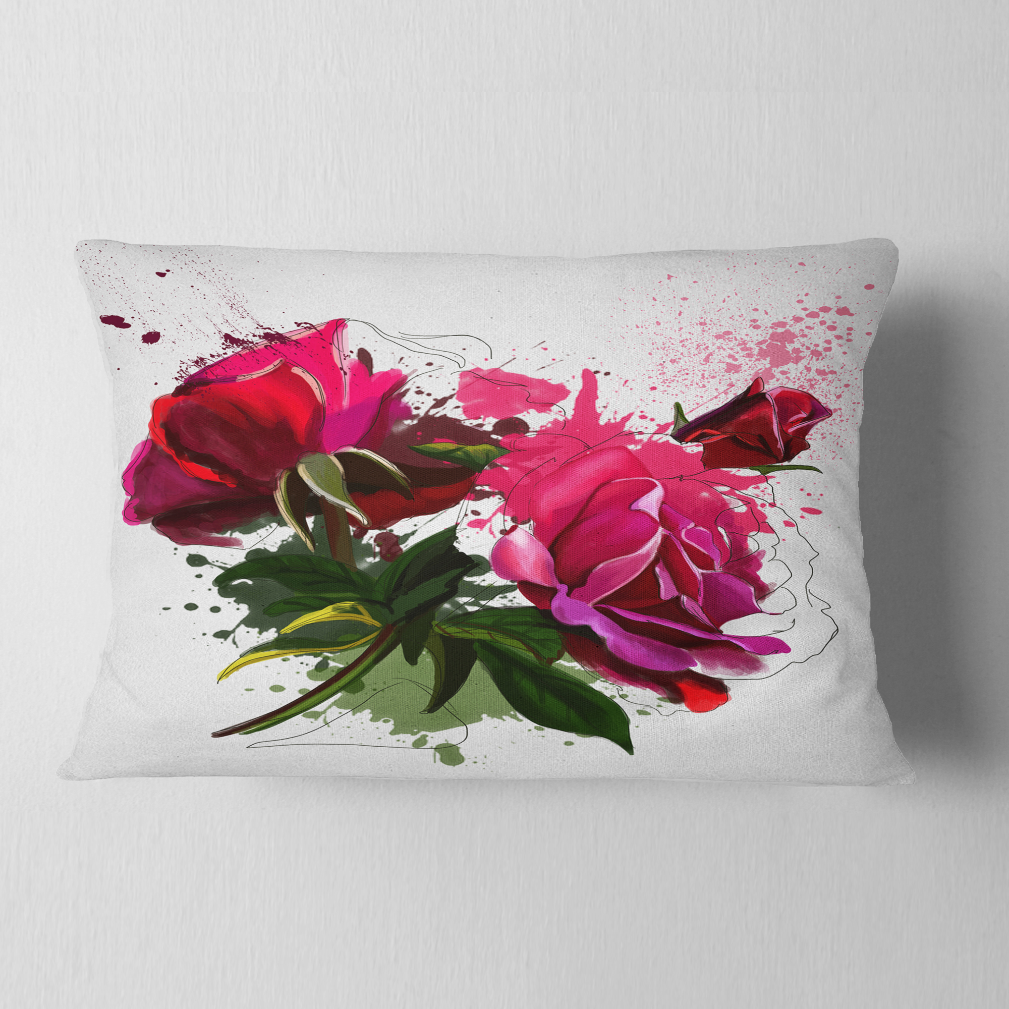 Designart Red Peonies Sketch Watercolor - Floral Throw Pillow - 12x20
