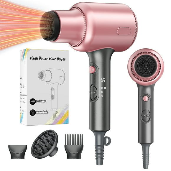 VoluVibe Hair Dryer, Blown Away Ionic Hair Dryer for Curly Hair with Diffuser, 1875W Fast Drying Blow Dryer with Ceramic Technology, 3 Attachments for All Hair Types, Light and Quiet, Rose Gold