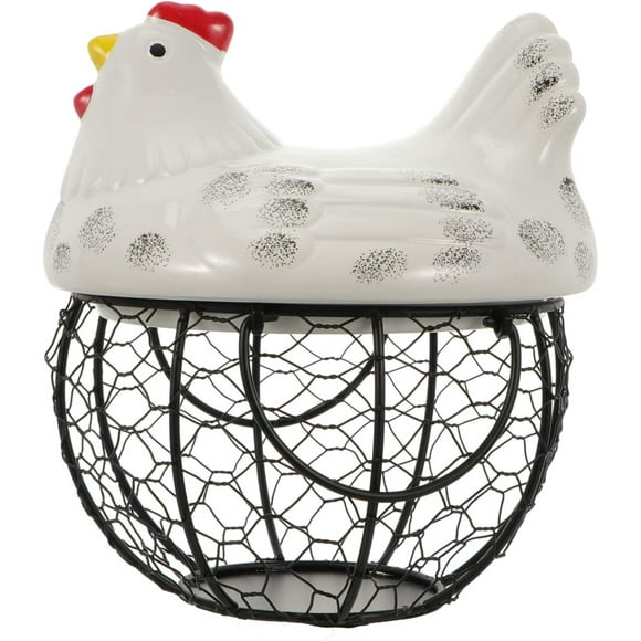 Metal Mesh Egg Basket Ceramic Farm Chicken Top for Food Storage Container (White)