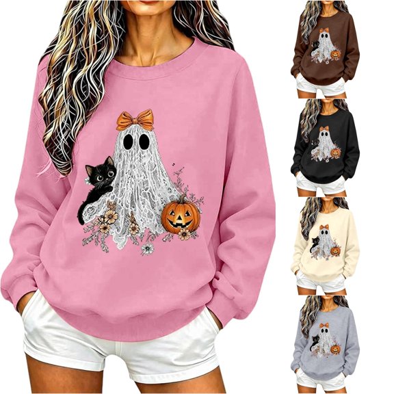 Women Pink Ghost Black Cat Pumpkin Graphic Crewneck Sweatshirt Cute Halloween Holiday Pullover Top