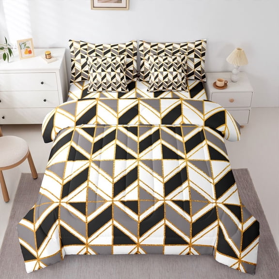 Homewish Geometric Stripes 7-Piece Twin Bedding Sets for Female Men Women,Retro Minimalist Bedding Comforter Set,Vintage Aesthetic Breathable Sheet Sets,Microfiber Bedroom Decor,Reversible