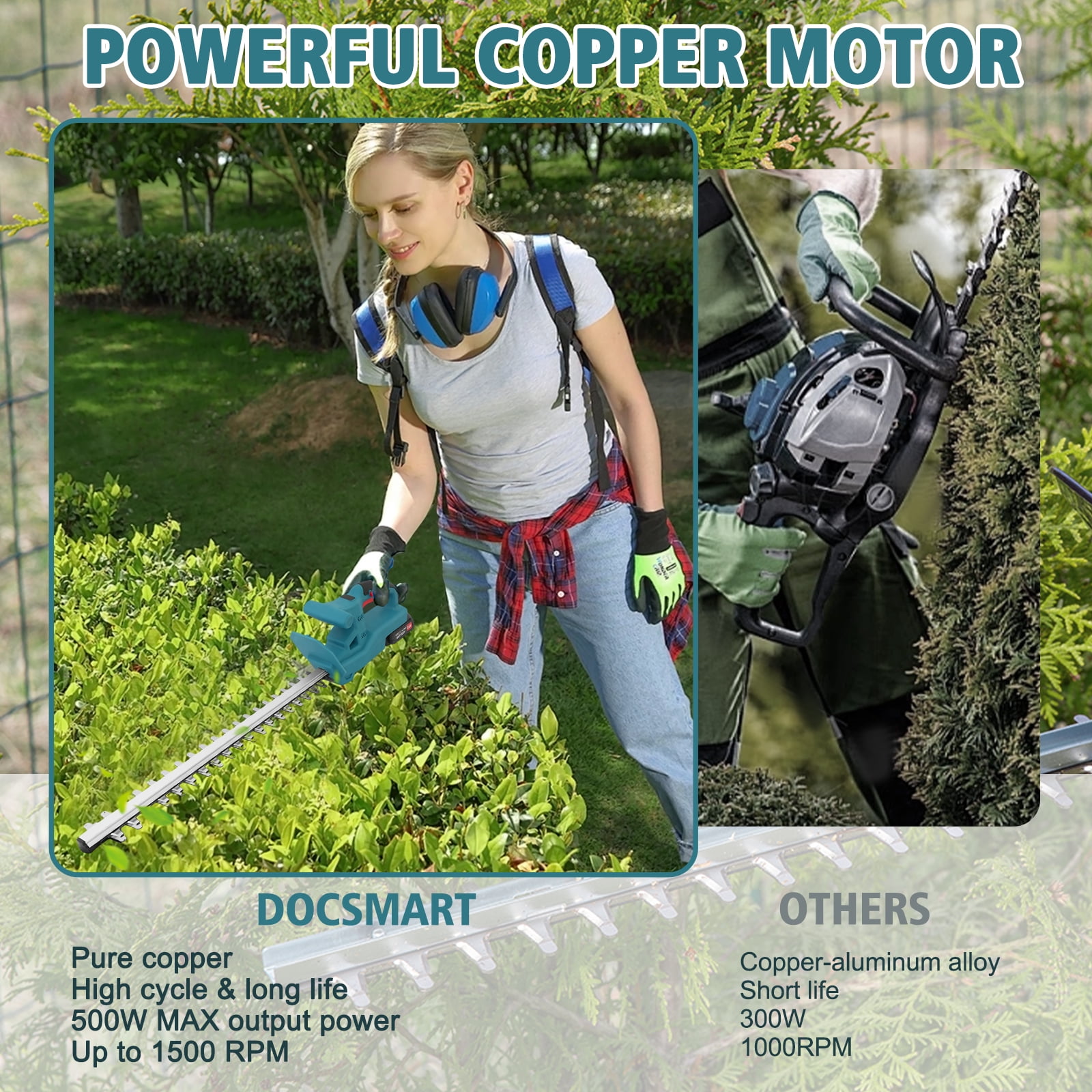 24V Lightweight Cordless Hedge Trimmer, 20 Inch Dual-Action Carbon Steel Blade Electric Hedge Trimmer with Ergonomic Comfort Grip