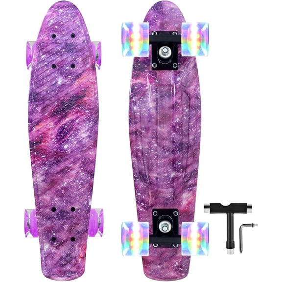 22 Inch Mini Cruiser Skateboard Complete Retro Skate Boards with Colorful Light Up Wheels for Girls Boys Beginners Purple