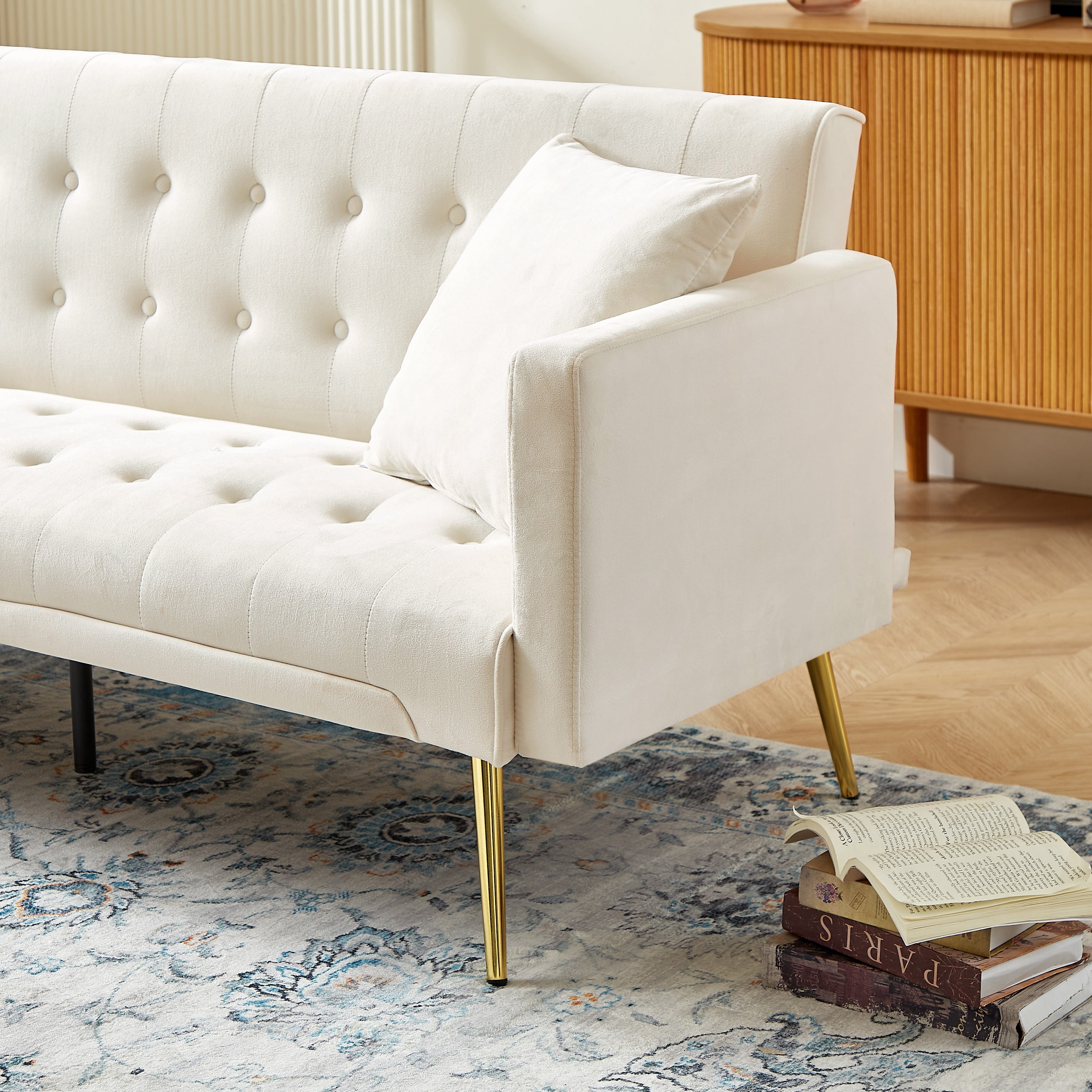 Leumius Velvet Futon Sofa Bed,Adjustable Convertible Folding Sleeper Couch Bed for Compact Living Spaces,Beige
