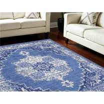 HomeRoots 551465 8 x 12 ft. Floral Medallion Distressed Non Skid Rectangle Area Rug, Ivory, Navy Blue & Beige