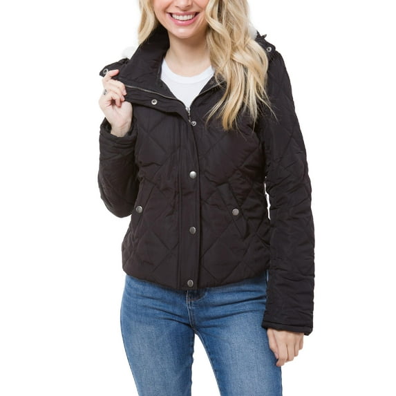 MixMatchy Women's Solid Long Sleeve Side Pockets Hooded Junior Sized Zipper Closure Quilted Jacket