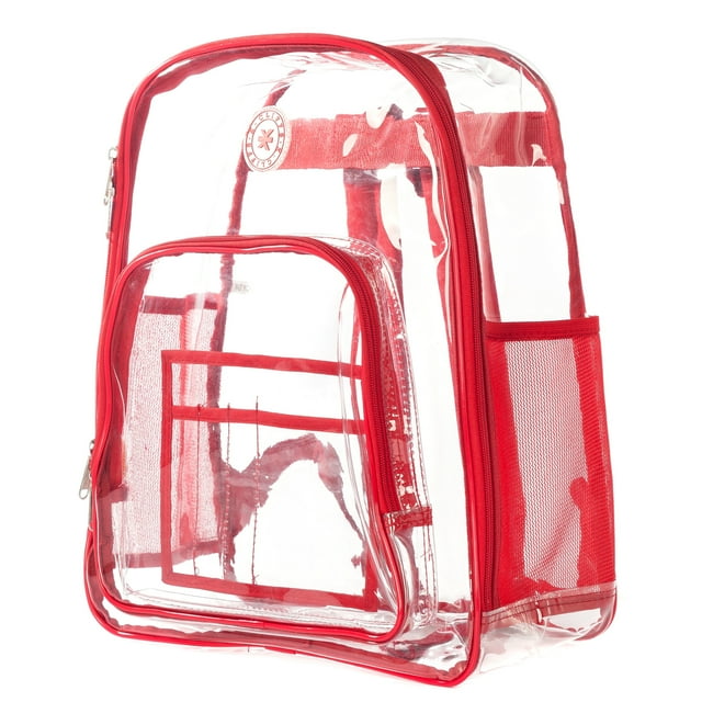 K-Cliffs Heavy Duty Clear Backpack High Quality See Through Student School Bookbag Deluxe Transparent Security Work Bag Travel Daypack Red