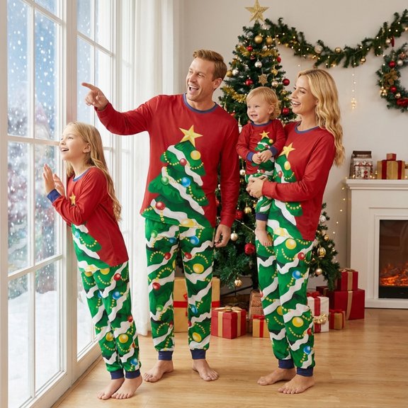 AIGUR Family Matching Christmas Pajama Set, Baby Romper/Dog Clothes/Christmas Tree Print Tops and Pants Sleepwear Set
