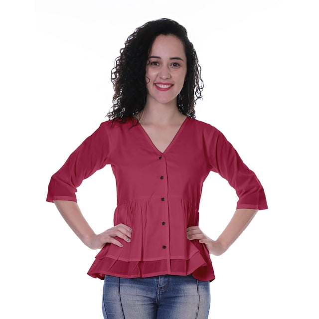 Moomaya Blouse Ethnique en Coton Peplum Col en V pour Femmes