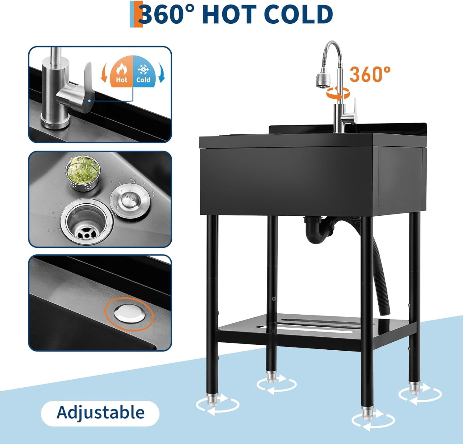 Rugerasy Stainless Steel Utility Sink,Freestanding Commercial Sink,Adjustable Leg with Hot and Cold Water Faucet,Hoses and Drain Kit,Large Laundry Tub for Kitchen,Garage,Bathroom,Outdoor Use