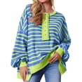 thumbnail image 2 of Womens Oversized Color Block Striped Sweatshirts Henley Shirts Casual Pullover Waffle Knit Tops, 2 of 7