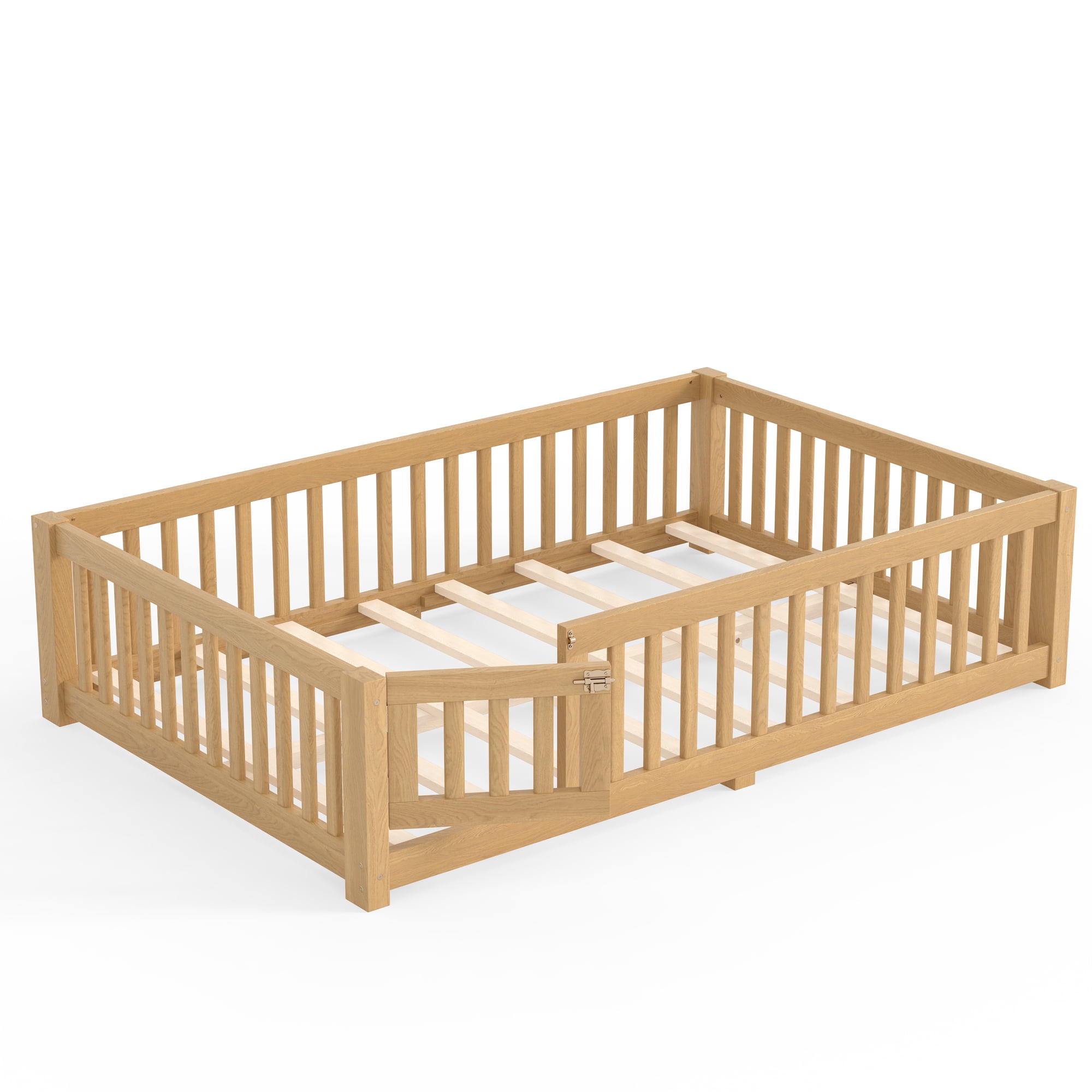 Full Size Kids Floor Bed with Safety Guardrails & Removable Door, Solid Pine Wood Montessori Bed, Natural