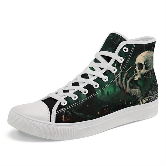 Coolcustomize Men's Halloween Skeleton Print High-Top Sneakers - Gothic Spider Web & Bats Design, Breathable Fabric & Durable Rubber Sole, Lace-Up Casual Shoes for Festivals, Outdoor Walks Footwear