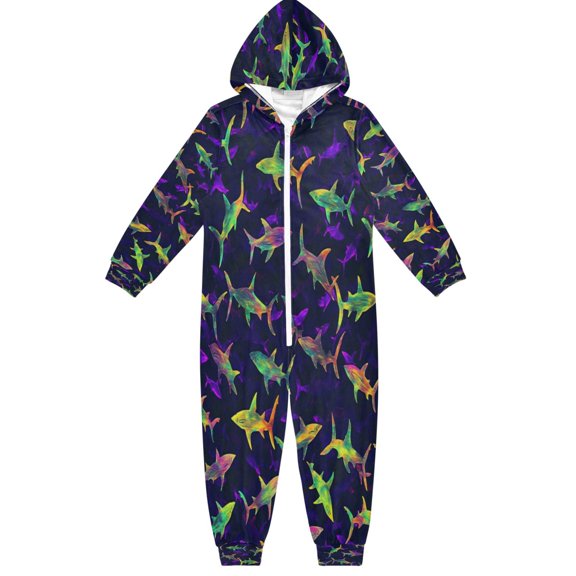 Soft Big Kids Onesie Pajamas Cozy Loose-Fit Jumpsuits for kids with Pockets for Christmas Lounge & Play Neon Colors Sharks