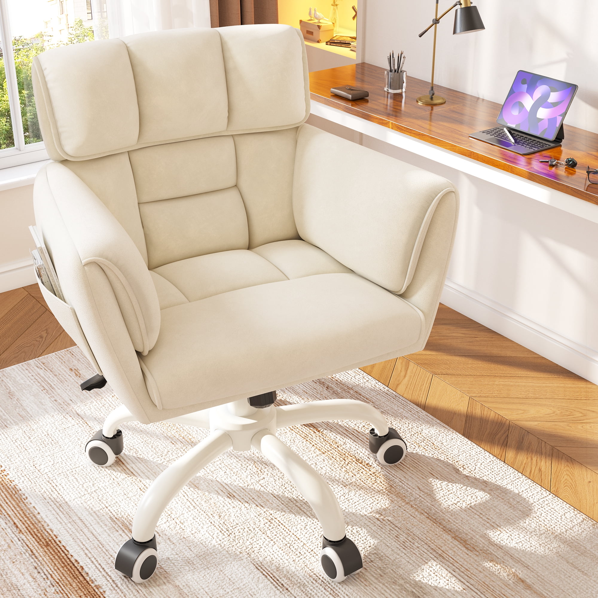 Romorgniz Adjustable Office Chair with Wheels, Soft-Touch Upholstered Desk Chair with Side Pockets, Ergonomic Vanity Chair for Bedroom, Home Office, Pale Yellow