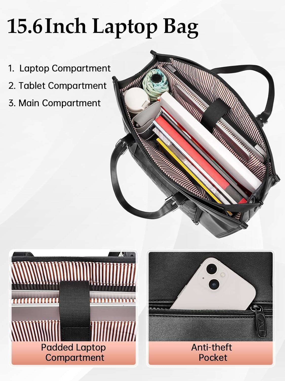 Matein Laptop Tote Bag with Insulated Lunch Compartment for Women Men, 15.6 inch Waterproof PU Leather Business Briefcase Handbag, Black